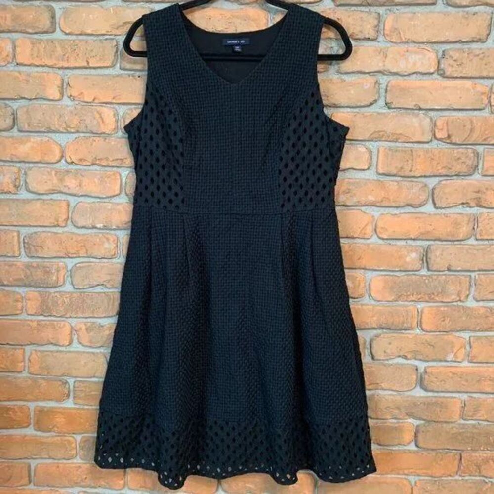 Lands' End Dress womens 12 Petite Black Eyelet Cotton Fit & Flare Sleeveless